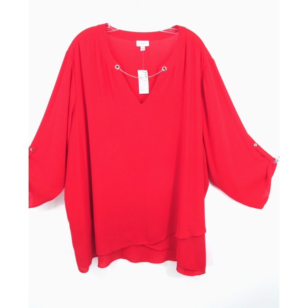 Avenue Red Pullover Tunic Blouse Women 30/32 Roll Tab Sleeve Chain Detail NEW
